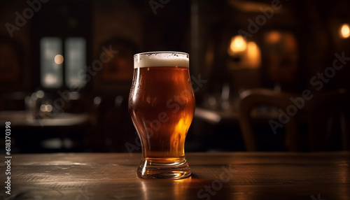 Frothy beer in pint glass on wooden table generated by AI