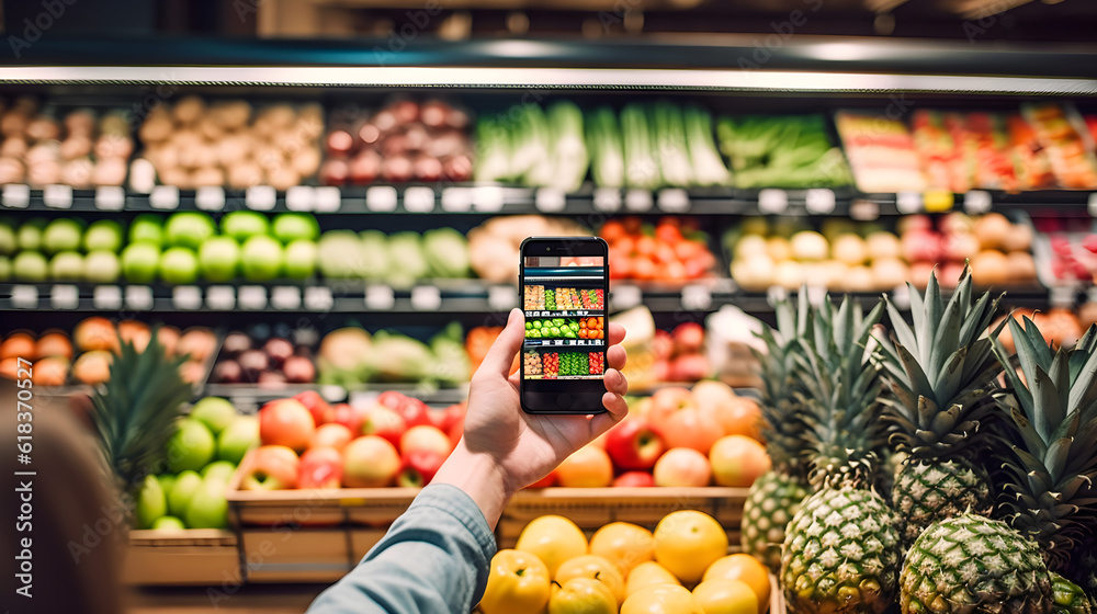 hand holding smart phone taking picture of fruit and vegetable in super market created with Generative AI 