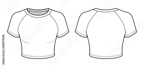 	
Fitted white cropped raglan shirt flat technical fashion illustration. raglan sleeve T-shirt fashion flat technical drawing template, front view, back view, white color, women, CAD mockup photo