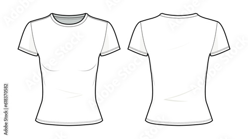 white slim fit T-shirt flat technical fashion illustration. Fitted tee shirt fashion flat technical drawing template, front view, back view, white color, women, CAD mockup