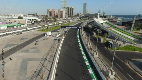 Drone Flyover Grand Prix Formula 1 Saudi Arabia 2023 Beachfront Track Circuit, 4K Jeddah