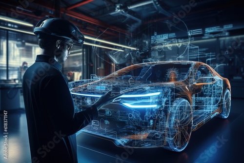 Automotive engineer working on electric car using headset. Generative AI.