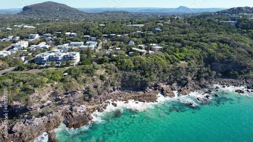 Picturesque Waterfront Houses Along Jubilee Esplanade In Point Arkwright, QLD, Australia. aerial photo