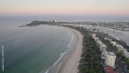 Sunset Over Mooloolaba Beach With View Of Marina On Mooloolah River In Queensland, Australia. aerial pullback photo