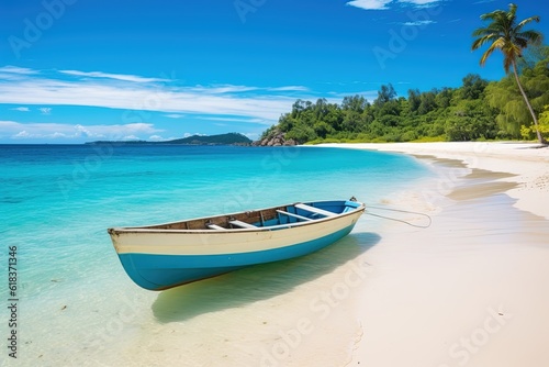 Canoe on the tropical sandy beach. Generative AI. © Bargais