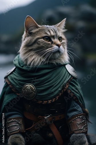 Cats dressed as vikings. Generative AI.