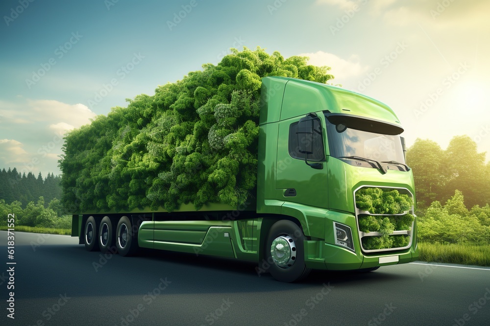Green transportation concept with delivery truck. Generative AI. - obrazy, fototapety, plakaty 