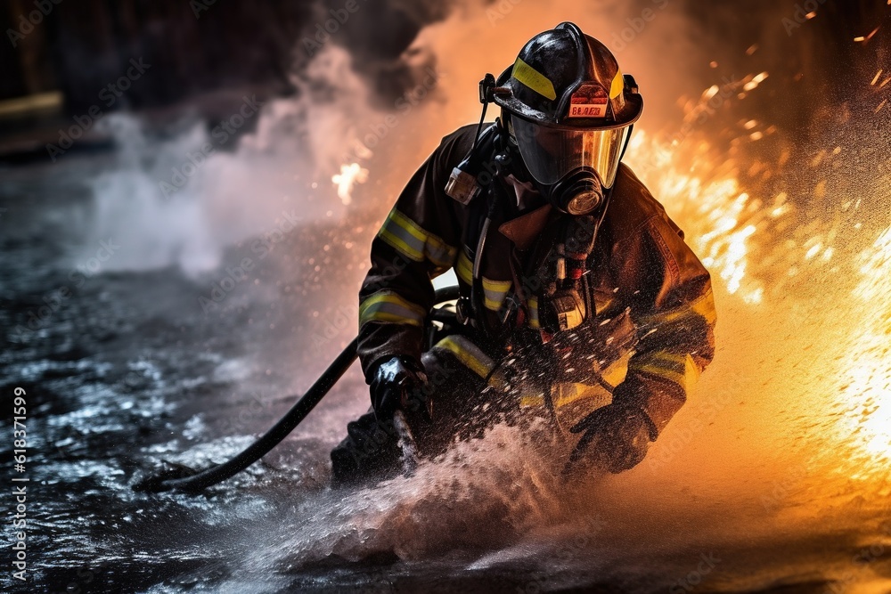 Obraz premium Fireman using water to fighting with fire flame. Generative AI.