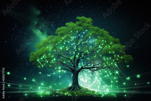 Growing internet startup, with green tree growing from network of data and information. Generative AI. © Bargais