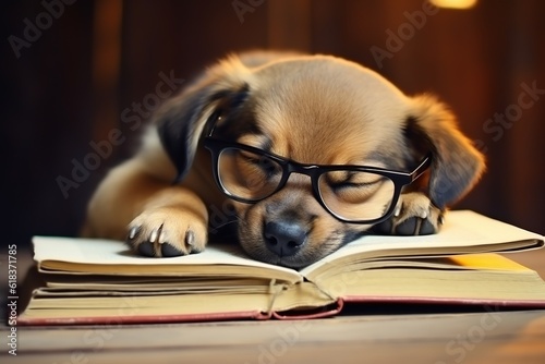 Cute dog with reading glasses fell asleep at the table with book. Generative AI.