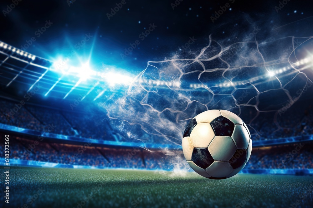 Naklejka premium Soccer ball flew into net of the goal. Generative AI.