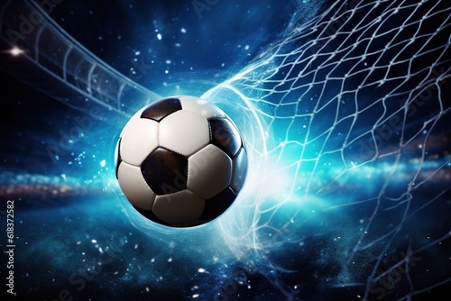 Soccer ball flew into net of the goal. Generative AI. © Bargais