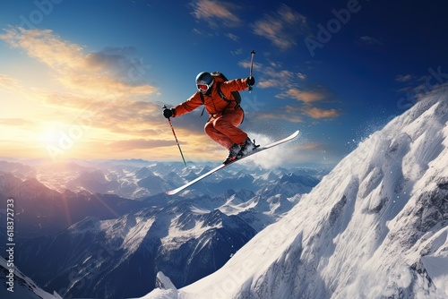 Winter Extreme athlete, ski jump on mountain. Generative AI. © Bargais