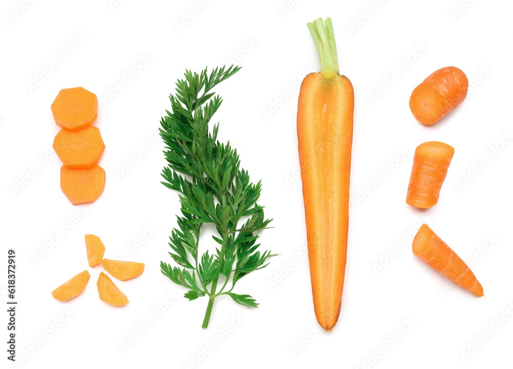 Slices of fresh carrots on white background