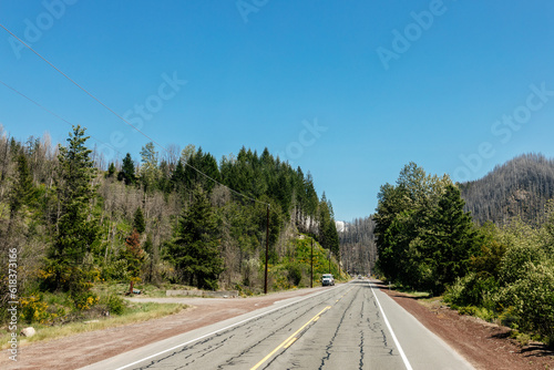 Beautiful road in the mountains among trees and flowers. Beautiful summer landscape with an asphalt highway, mountains, trees. Nature in Oregon in spring.