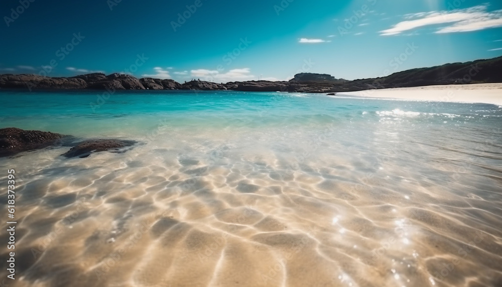 Turquoise waves crash on idyllic rocky coastline generated by AI Turquoise waves crash on idyllic rocky coastline generated by AI