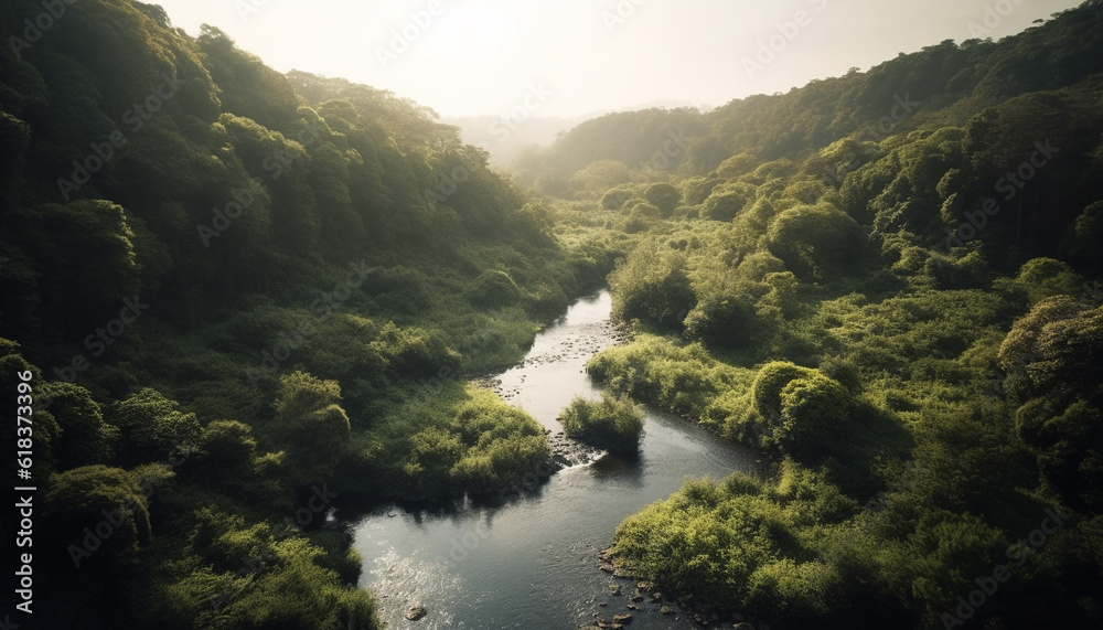 Tranquil scene of green forest and flowing water generated by AI