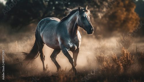 Thoroughbred stallion running free in meadow sunset generated by AI