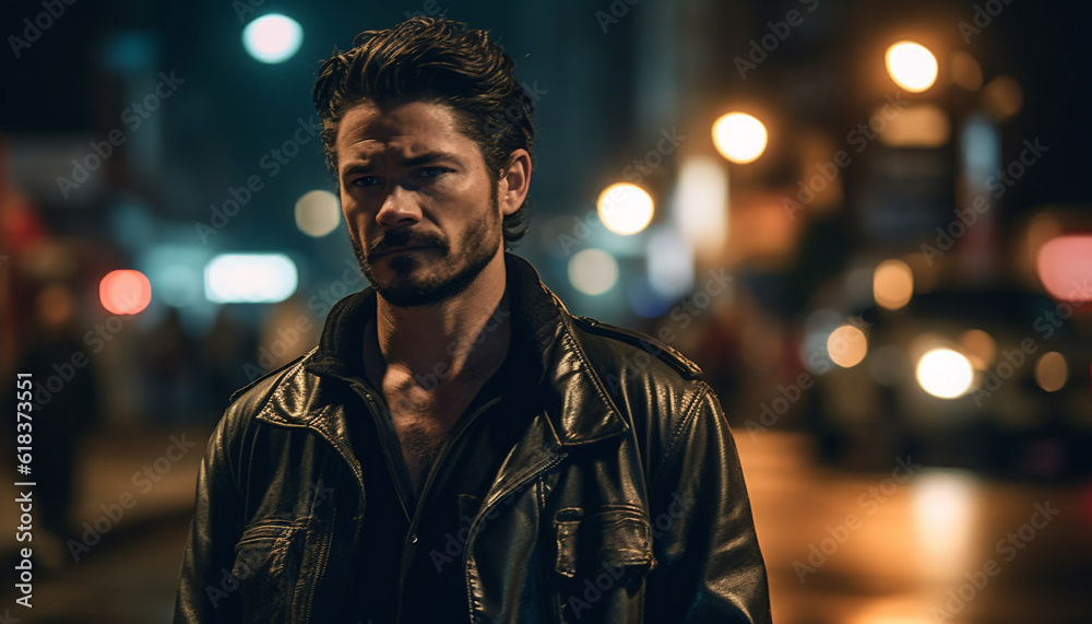Obraz premium Young man in leather jacket enjoys nightlife generated by AI