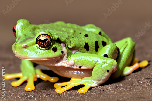 a green frong haging on a leaf