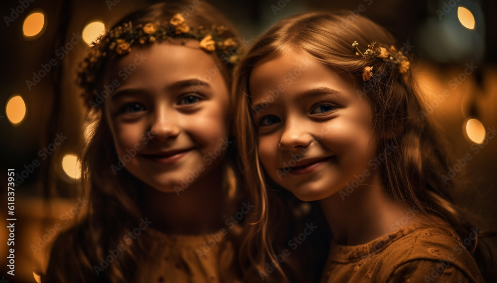 Two cute girls smiling, looking at camera generated by AI Two cute girls smiling, looking at camera generated by AI