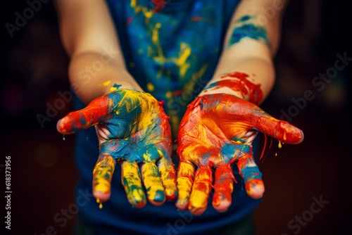 Child hands are smeared by colorful paints. Generative AI. 