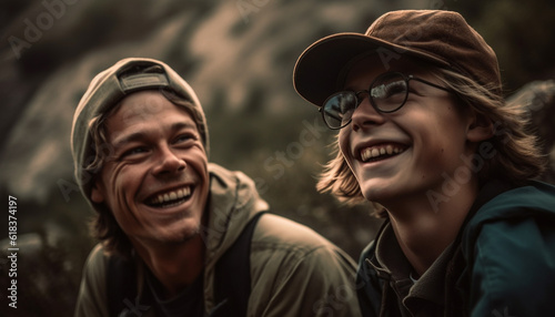 Smiling men and women enjoy nature adventure generated by AI
