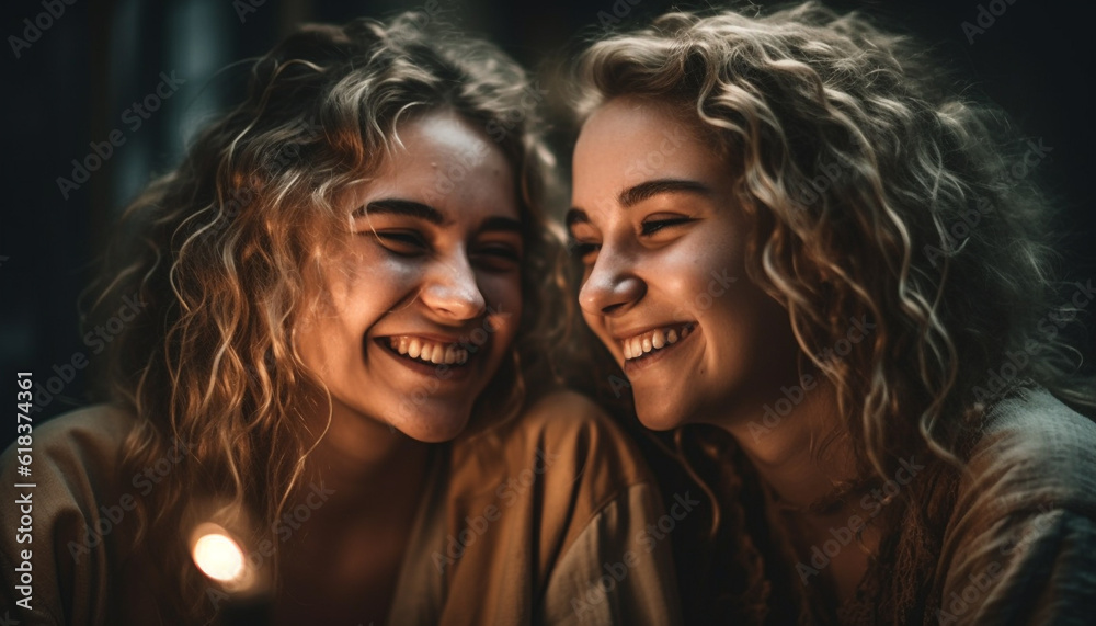 Two young women smiling, enjoying the nightlife generated by AI