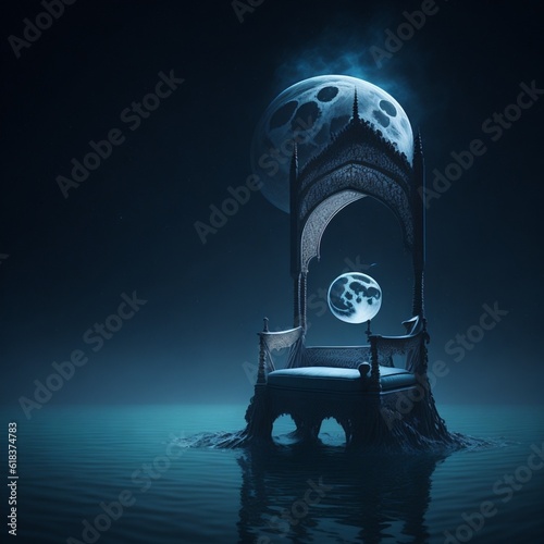 A chair in the water with moons with Generative AI