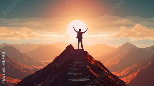 Business success concept with businessman on top of mountain, illustration photo