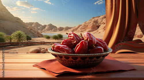 Dried date on old wooden table with desert on background