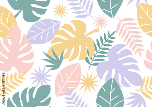 Colorful tropical leaves and flowers poster background vector illustration. 