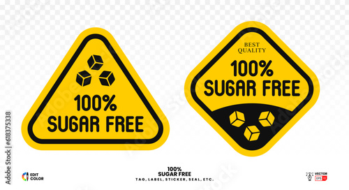100 percent sugar free vector. Triangle and diamond label for food packaging, sticker, seal, sign, tag, emblem, stamp, logo, icon, badge photo