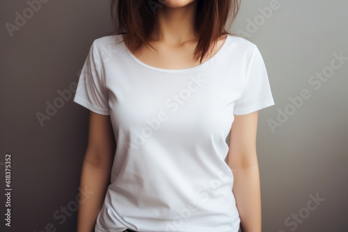 Woman wearing blank white t-shirt without face. Generative AI