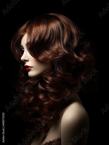 Beautiful woman with long curly hair and red lips isolated on black background. Side view