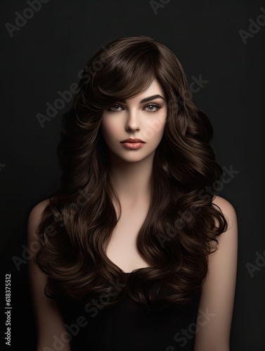 Portrait of a beautiful woman with long brown curly hair over black background