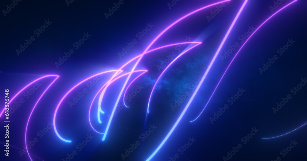 Abstract blue and purple glowing neon energy laser lines flying on a black background