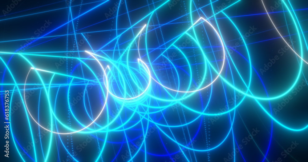 Abstract blue and purple glowing neon lines and circles energy laser flying on a black background Abstract blue and purple glowing neon lines and circles energy laser flying on a black background