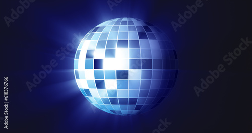 Abstract blue mirrored spinning round disco ball for discos and dances in nightclubs 80s  90s luminous background