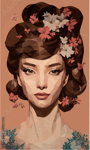 Beautiful woman with flowers in her hair, isolated vector illustration. Low poly graphics style.