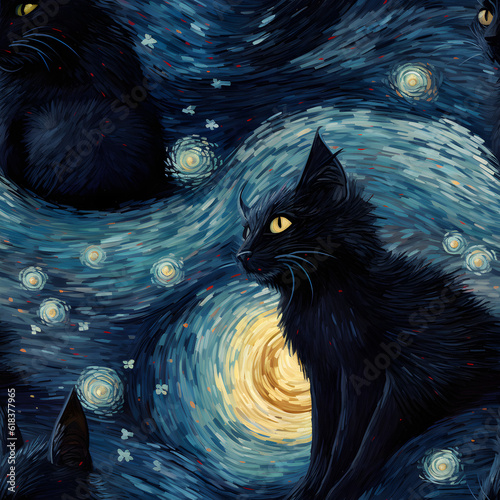 A black cat on a starry night in the style of kerem bey