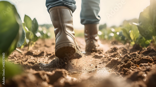 close-up of a farmer's feet in rubber boots in field plants,