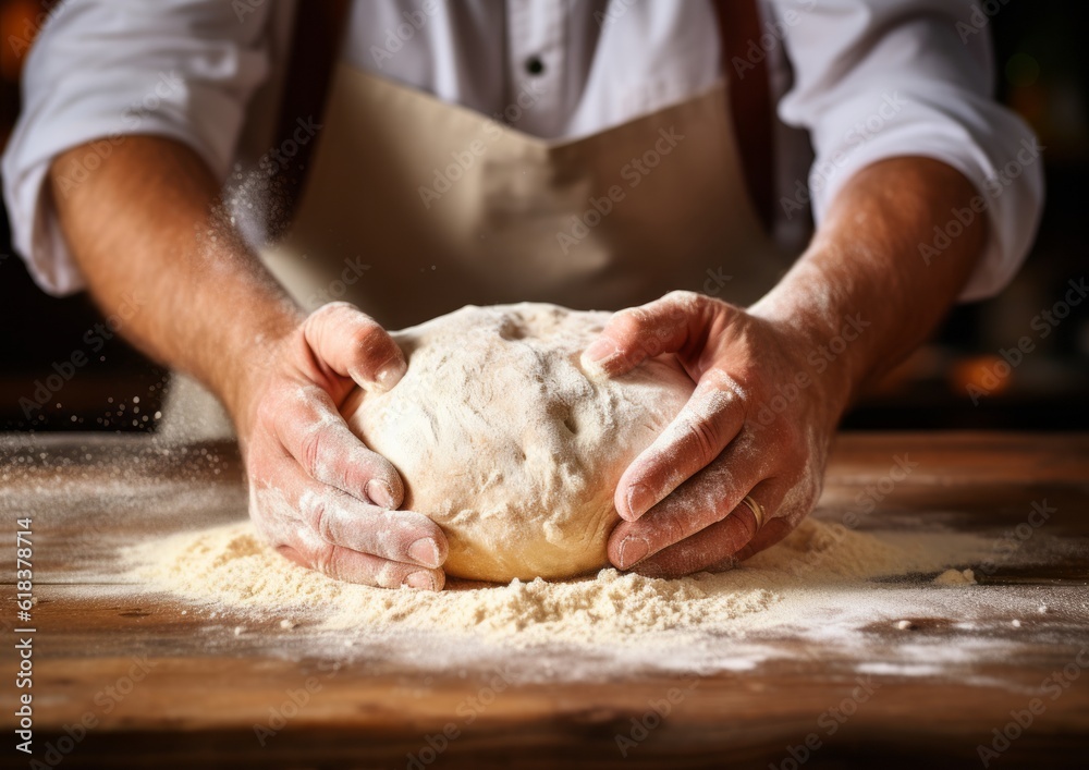 Male hands kneading dough, AI generative 