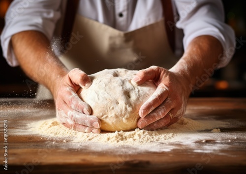 Male hands kneading dough, AI generative  © DejaReve