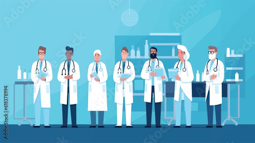 vector illustration group doctors hospital communication making scientific experiments diverse medical workers blue background flat banner .