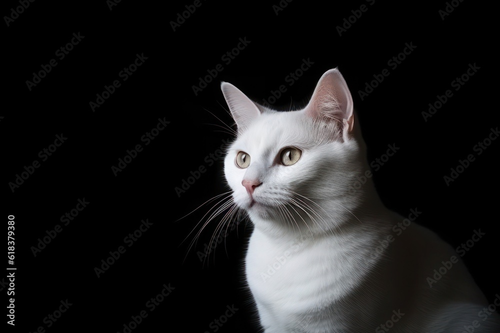 white cat on a plain black background, space for text, AI generated
