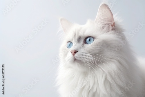 white cat on a plain light gray background, space for text, AI generated