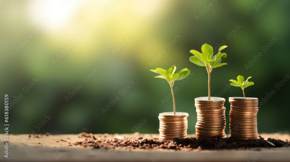 Stack of coins and small trees copy space, morning sunlight Stack of coins and small trees copy space, morning sunlight