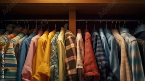 Shirts on hangers in the closet
