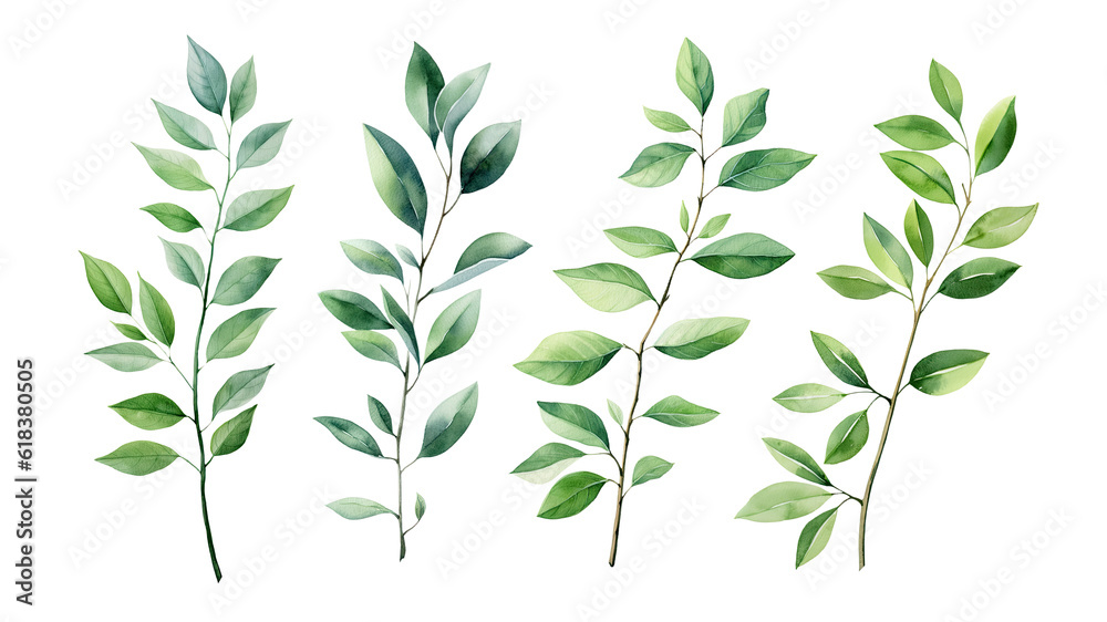 custom made wallpaper toronto digitalWatercolor of Tropical spring floral green leaves and flowers elements isolated on transparent png background, bouquets greeting or wedding card decoration, with Generative Ai.